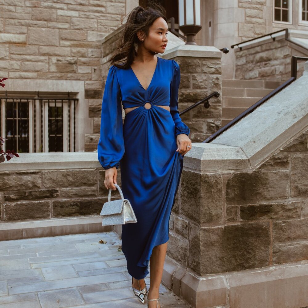 Ever New Royal Blue Satin Maxi Dress with Center Ring Detail - Picture 4 of 10